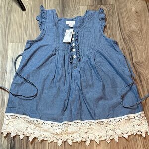 Denim Blue Button-Front Tunic with Lace Trim